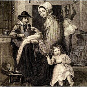 The Nose Out Of Joint Steel Engraving 1859 Victorian Family New Baby Art DWY5D